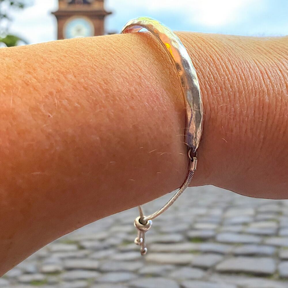 Hammered Modernistic Curved Bar with Dangle Closure Silver-Tone Bracelet!
